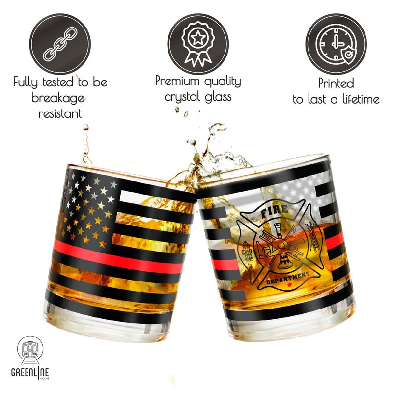 Greenline Goods Thin Red Line Firefighter Whiskey Old Fashioned Glasses (Set of 2) - 10 oz - Classic Glass Drinkware with Fire Fighter Flag Graphics -Shows Support for First Responders - Image 3